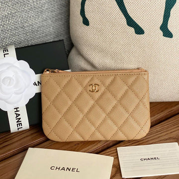 CC Zipped Wallet 15 Beige Caviar Gold Hardware