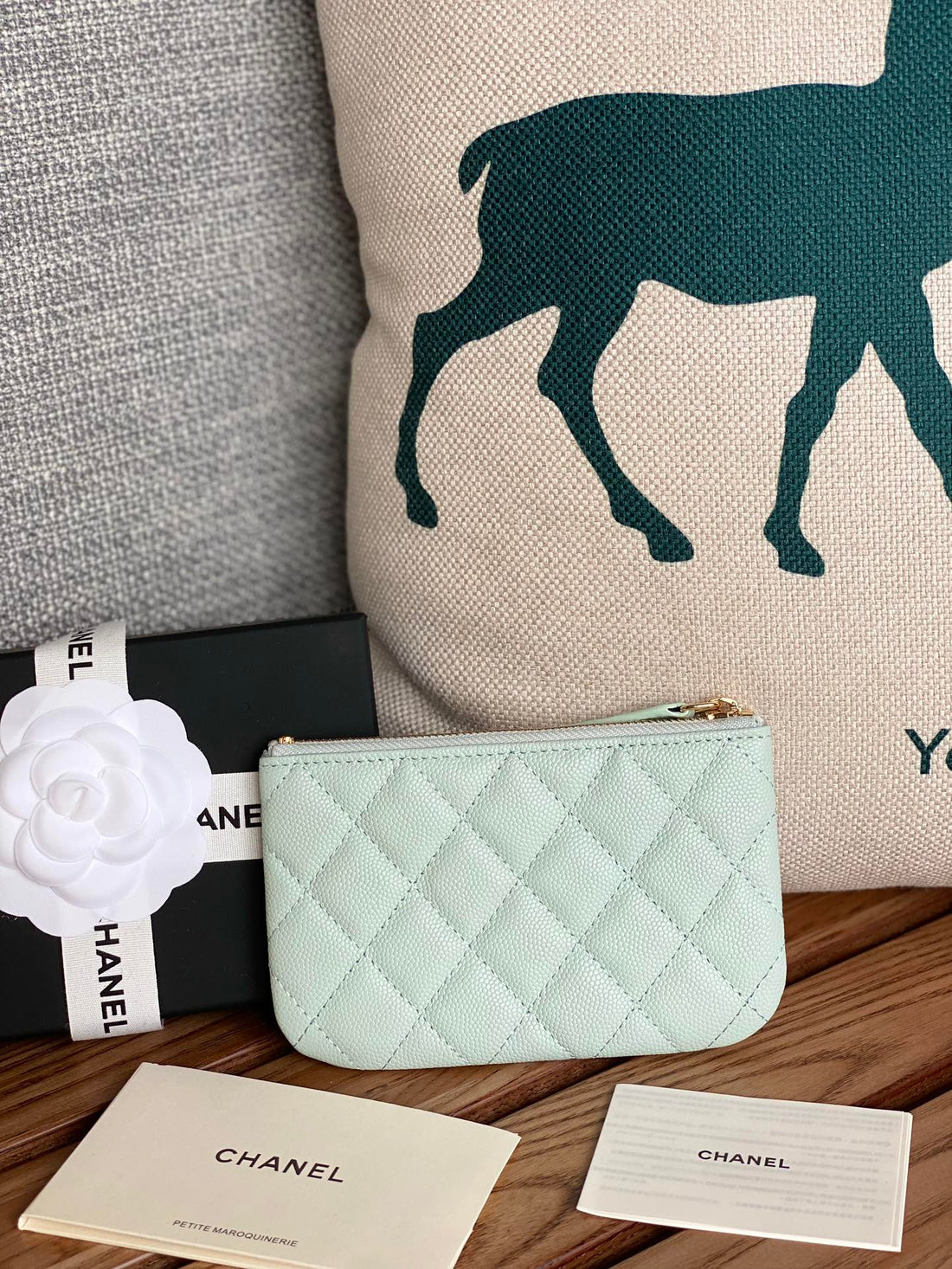 CC Zipped Wallet 15 Light Cloud Blue Caviar Gold Hardware