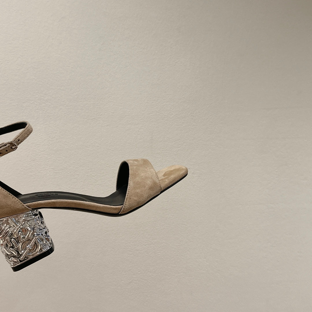 Hm Glam 60 Wedged Heel Light Beige Suede Calfskin Black Calfskin