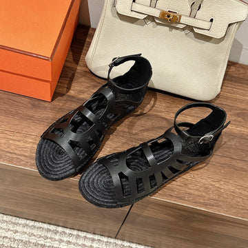 Straw Sole Sandal Black Lambskin