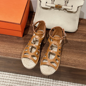 Straw Sole Sandal Caramel Lambskin