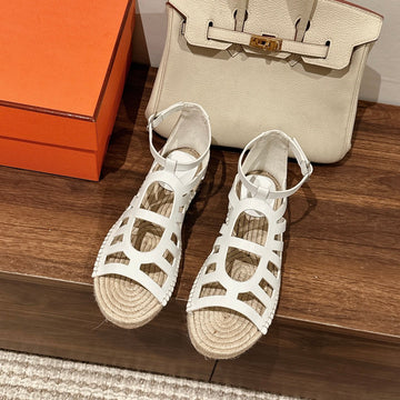 Straw Sole Sandal White Lambskin