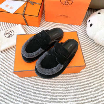 Hm Go Mule Black Mix Grey Black Suede Lined With Wool Fleece 963221