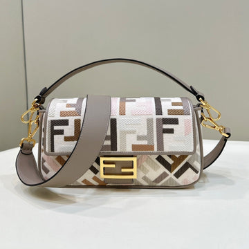 Baguette Canvas 27 Bag Grey Strap With Multicolour Embroidery Gold Hardware