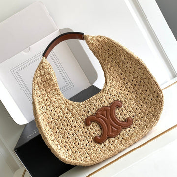 Celin Classic Panier 33CM Hobo Bag Raffia And Brown Calfskin