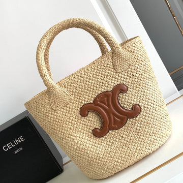 Teen Triomphe Straw Bucket Bag 23CM Raffia Brown Calfskin