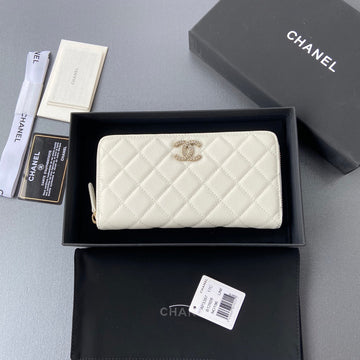 CC A3185 Long Zipper White Caviar Diamond Hardware 229636