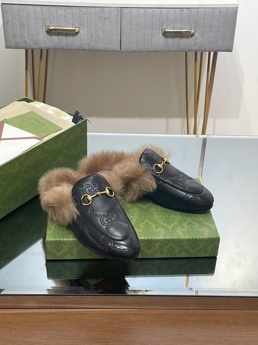 Horsebit Mule In Black Embossed Calfskin And Lamb Wool Lining