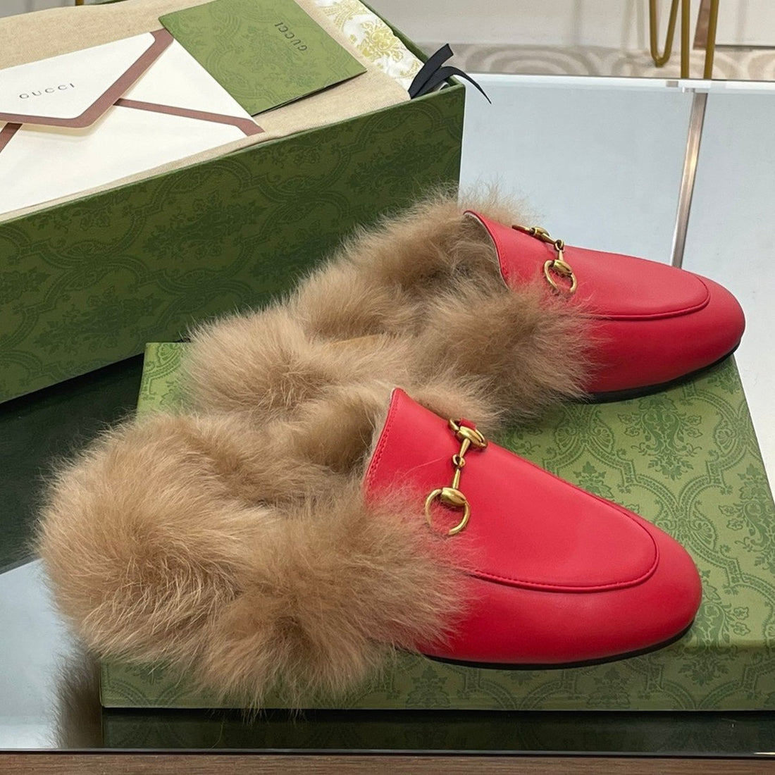 Horsebit Mule In Cherry Red Calfskin And Lamb Wool Lining