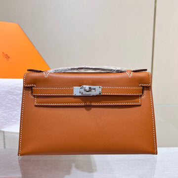 HM Kelly Pochette 22CM Gold Swift Silver Hardware