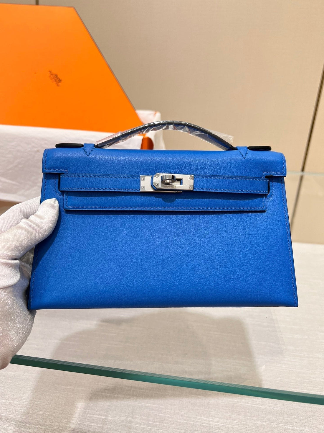 HM Kelly Pochette 22CM Blue Swift Silver Hardware