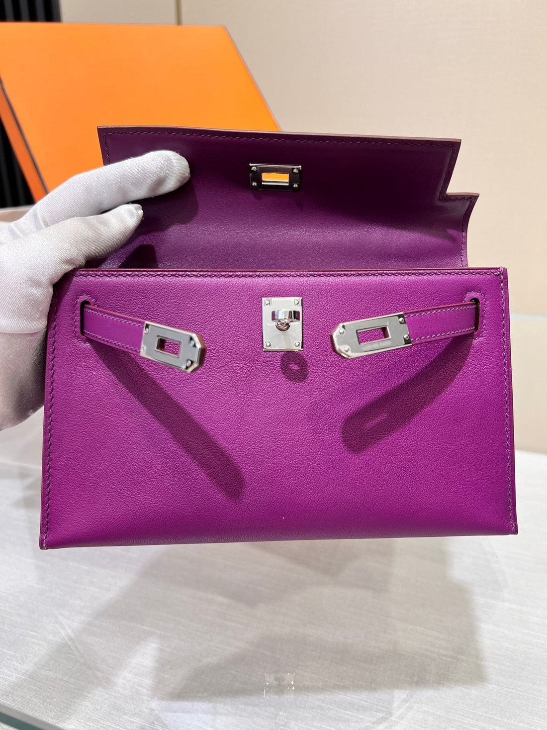 HM Kelly Pochette 22CM Purple Swift Silver Hardware