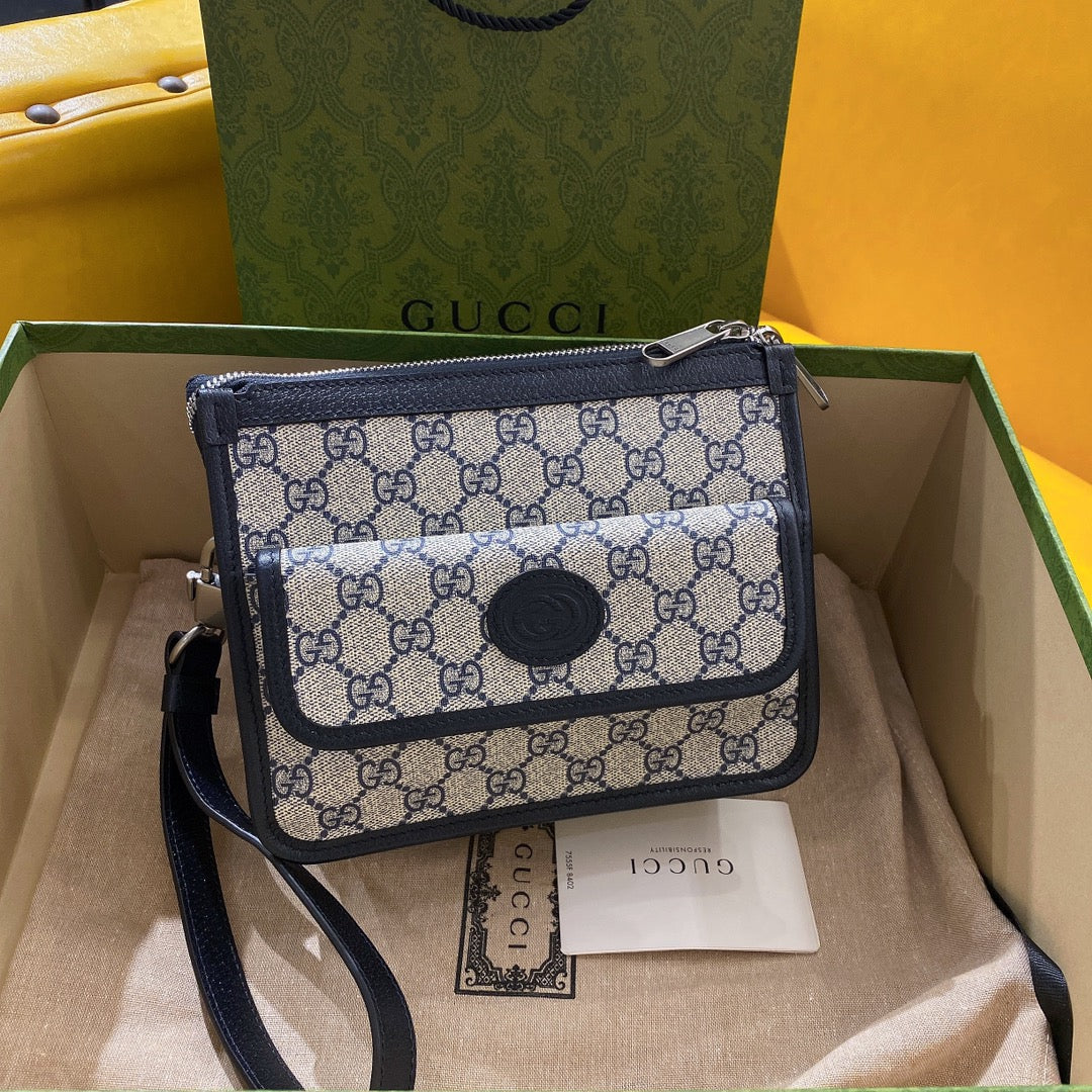 GG Small 21 Crossbody Bag With Tag In Beige Canvas And Black Calfskin