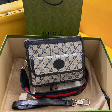 GG Small 21 Crossbody Bag With Tag In Beige Canvas And Black Calfskin