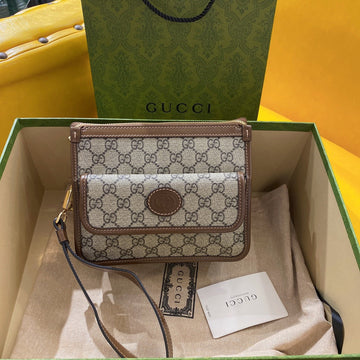GG Small 21 Crossbody Bag With Tag In Beige Canvas And Brown Calfskin