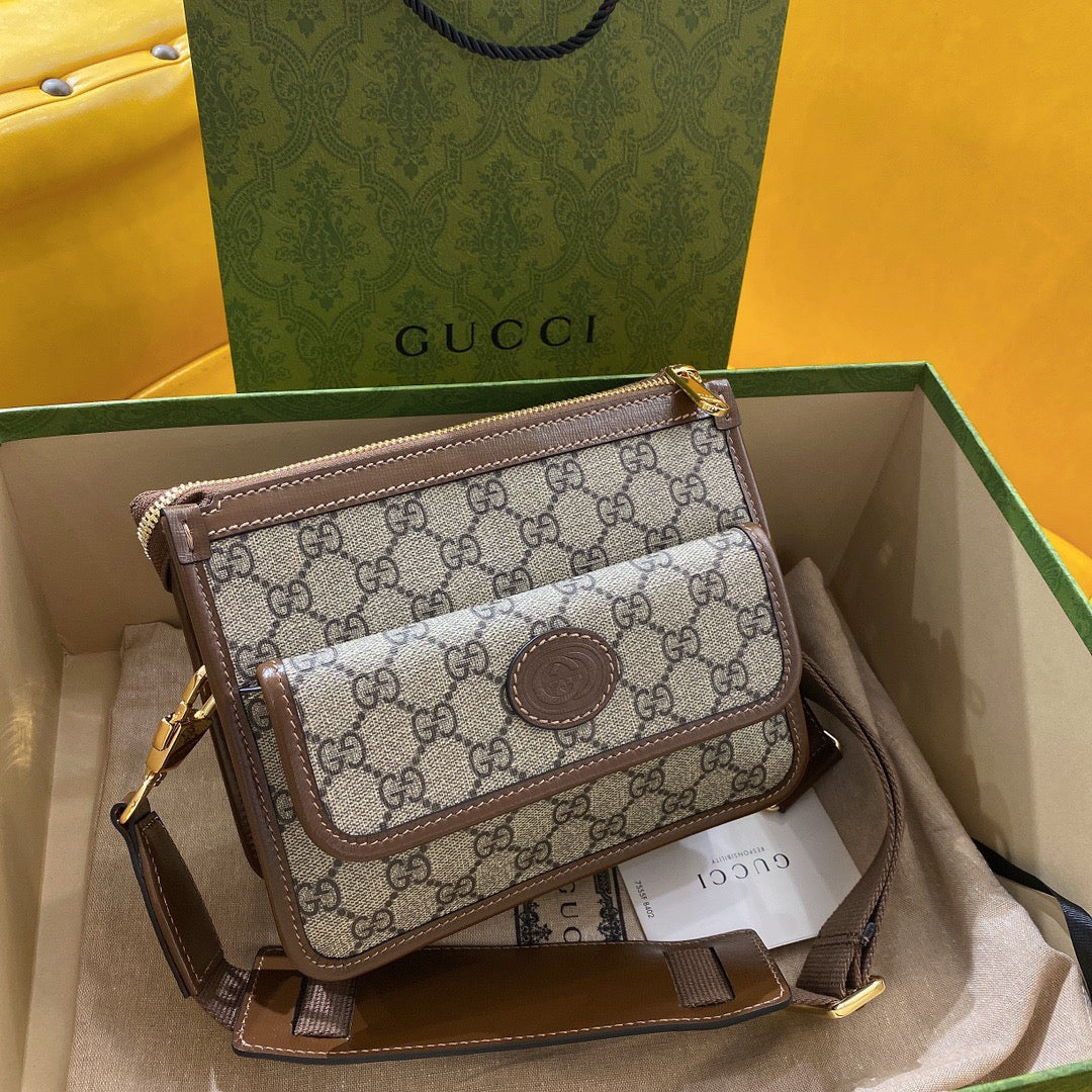 GG Small 21 Crossbody Bag With Tag In Beige Canvas And Brown Calfskin