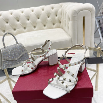 Rockstud 6CM Square Toe White Leather Sandals