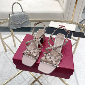 Rockstud 6CM Square Toe Rose Cannelle Leather Sandals
