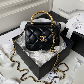 Mini Flap Bag 13 In Black Lambskin With Gold Handle