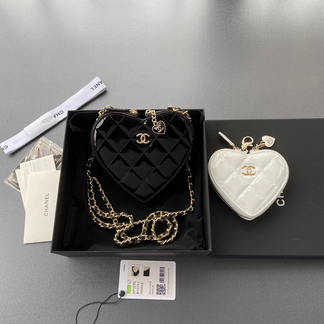 CC Double Heart Shoulder Bags 15CM Black White Patent Leather Ghw 235113