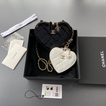 CC Double Heart Shoulder Bags 15CM Black White Patent Leather Ghw 235113