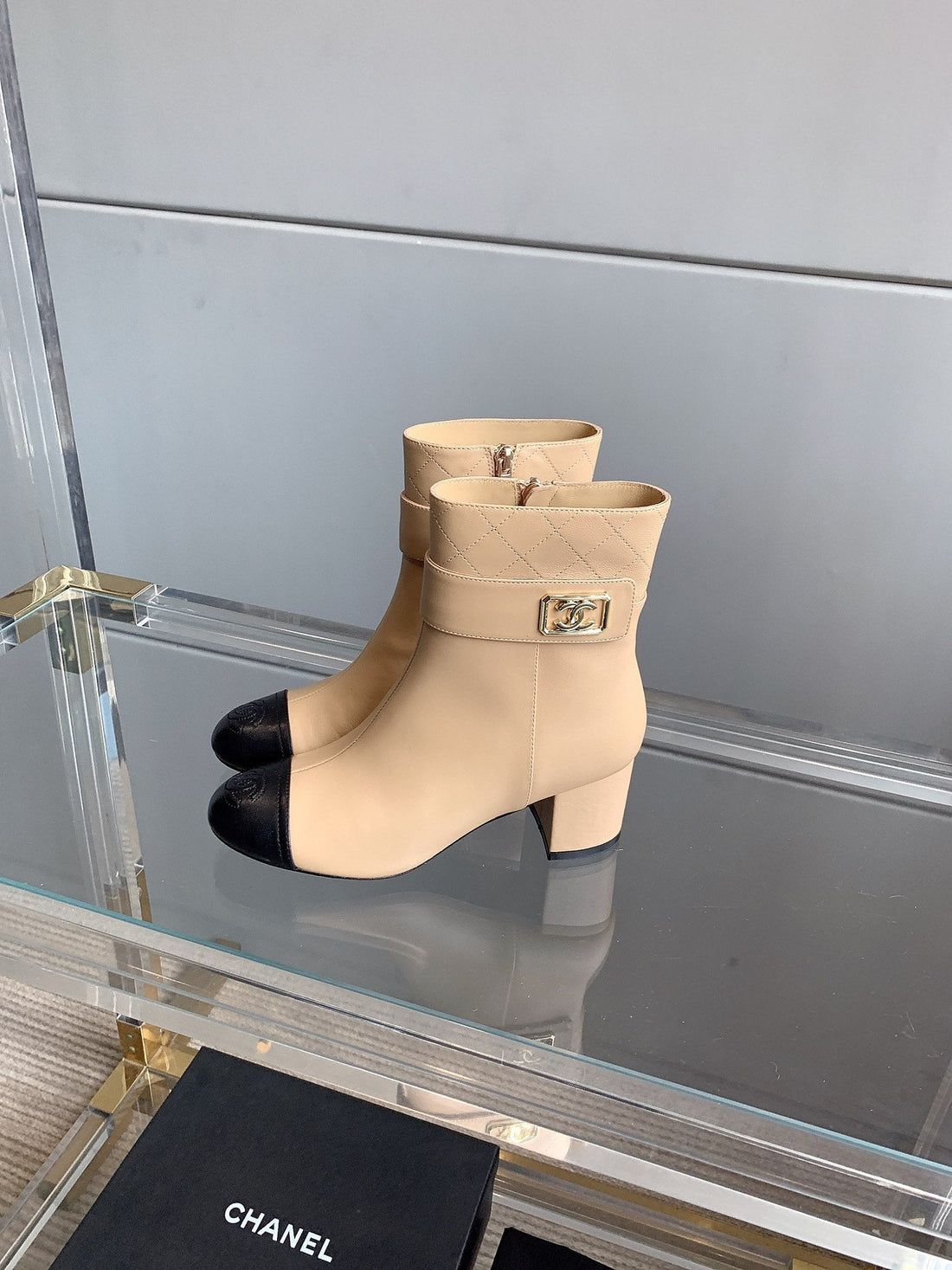 CC Square Toe Ankle Boots 70MM Beige Black Cowhide 464565