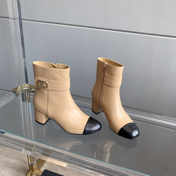 CC Square Toe Ankle Boots 70MM Beige Black Cowhide 464565