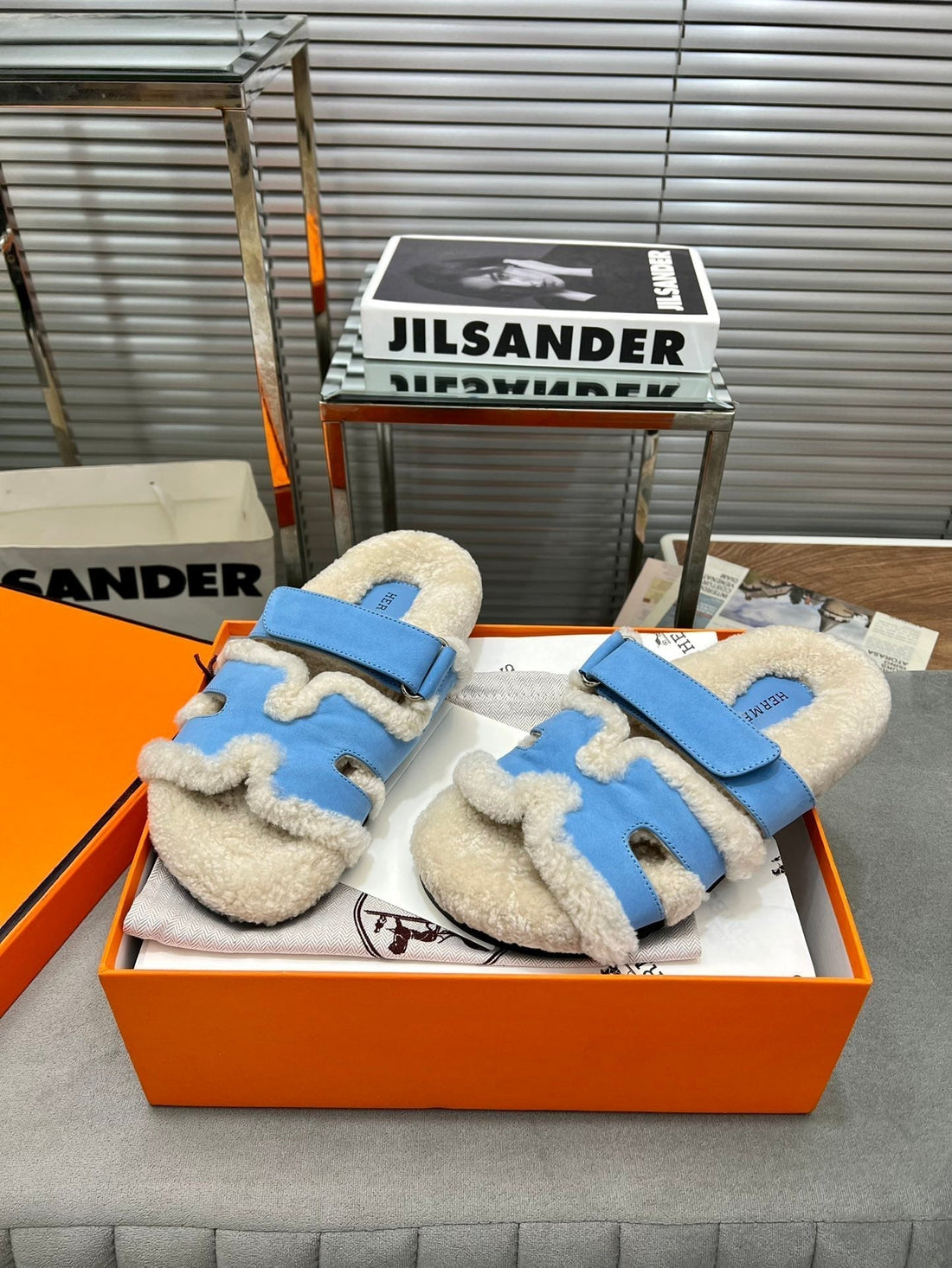 Hm Chypre Sandal In Blue Suede And Fleece Lining 953833