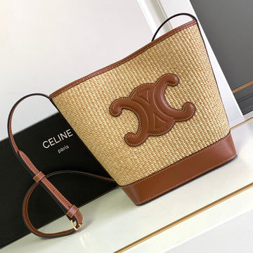 Small Bucket Cuir Triomphe 22CM In Striped Textile And Tan Calfskin