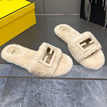Fendi Baguette Slide Slippers In Beige Wool