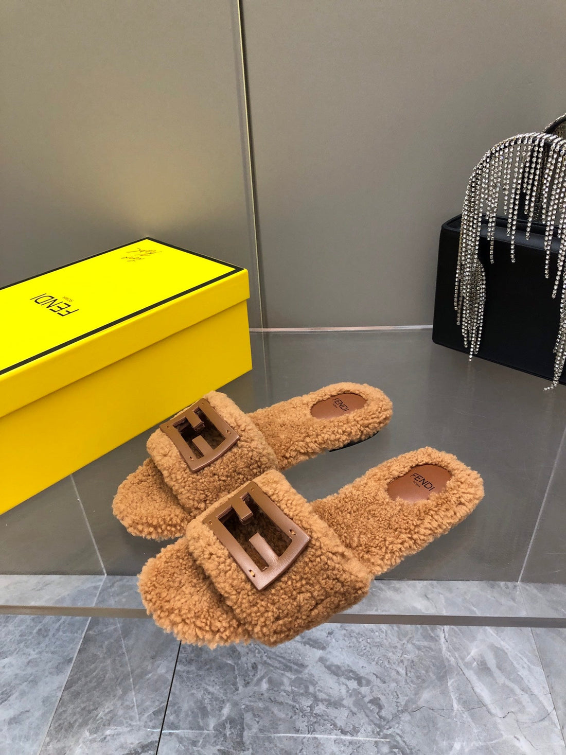 Fendi Baguette Slide Slippers In Cinnamon Brown Wool