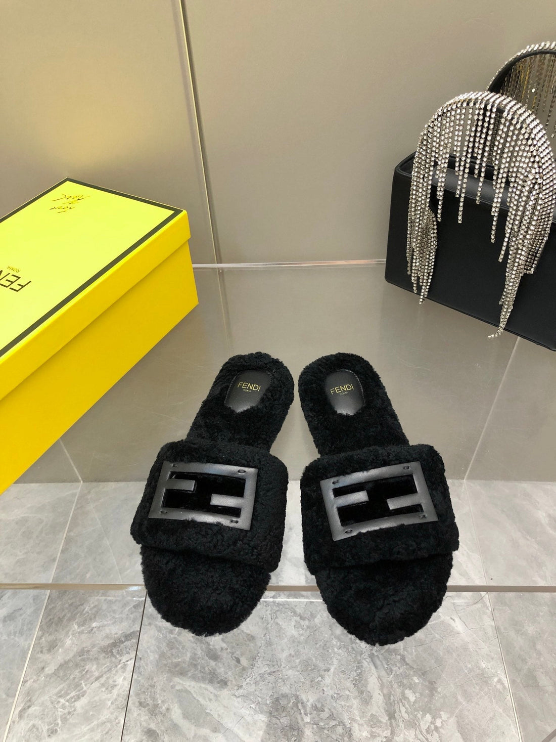 Fendi Baguette Slide Slippers In Black Wool