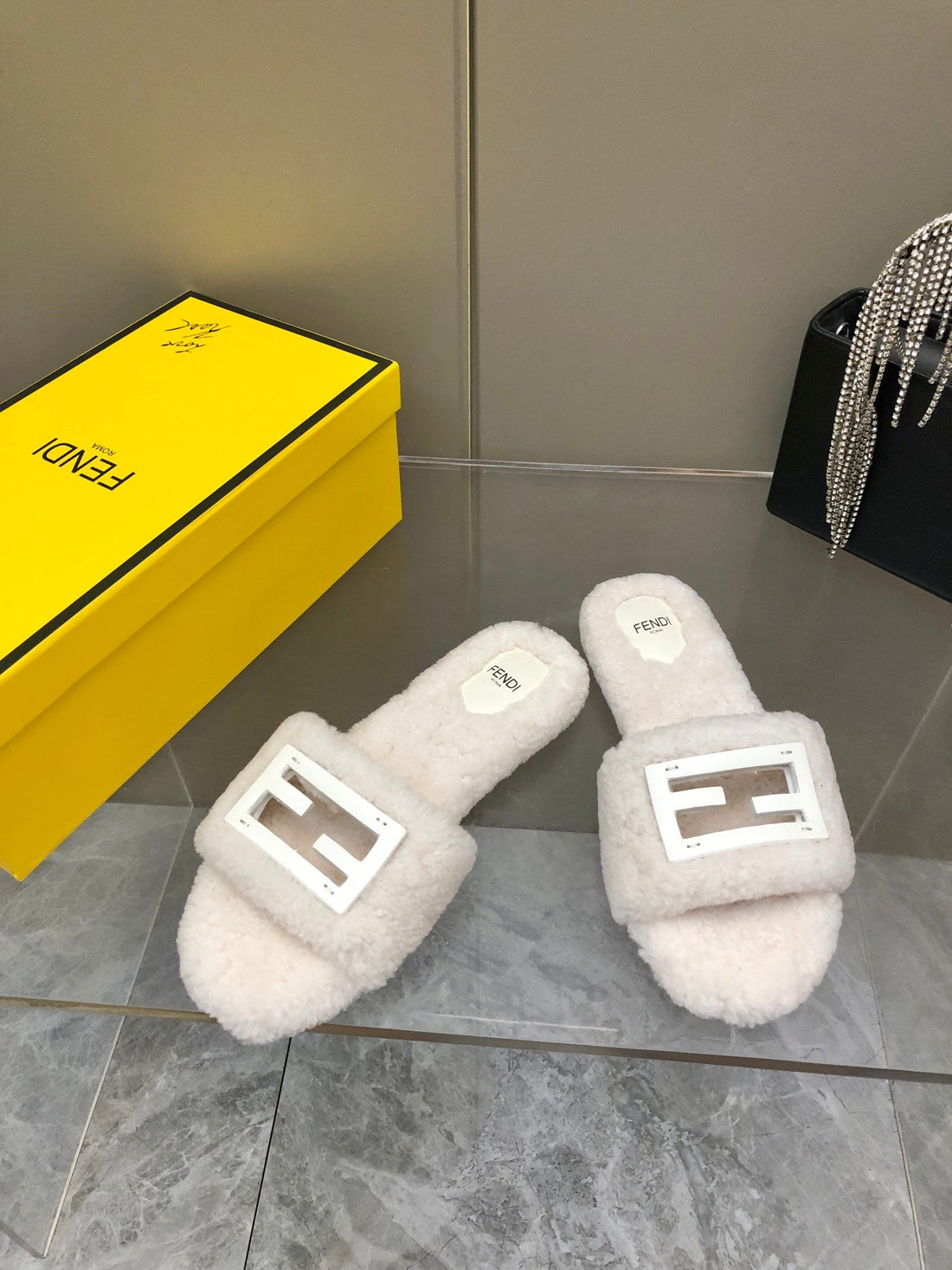 Fendi Baguette Slide Slippers In White Wool