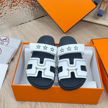 Chypre Sandal White Black Calfskin Black Thread Embroidered