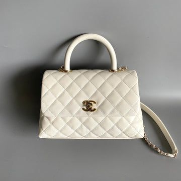 Coco Handle Flap Bag 23CM White Quilted Caviar Light Gold Hardware