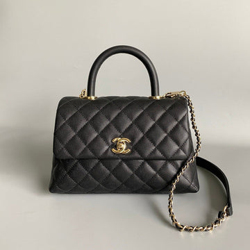 Coco Handle Flap Bag 23CM Black Quilted Caviar Light Gold Hardware