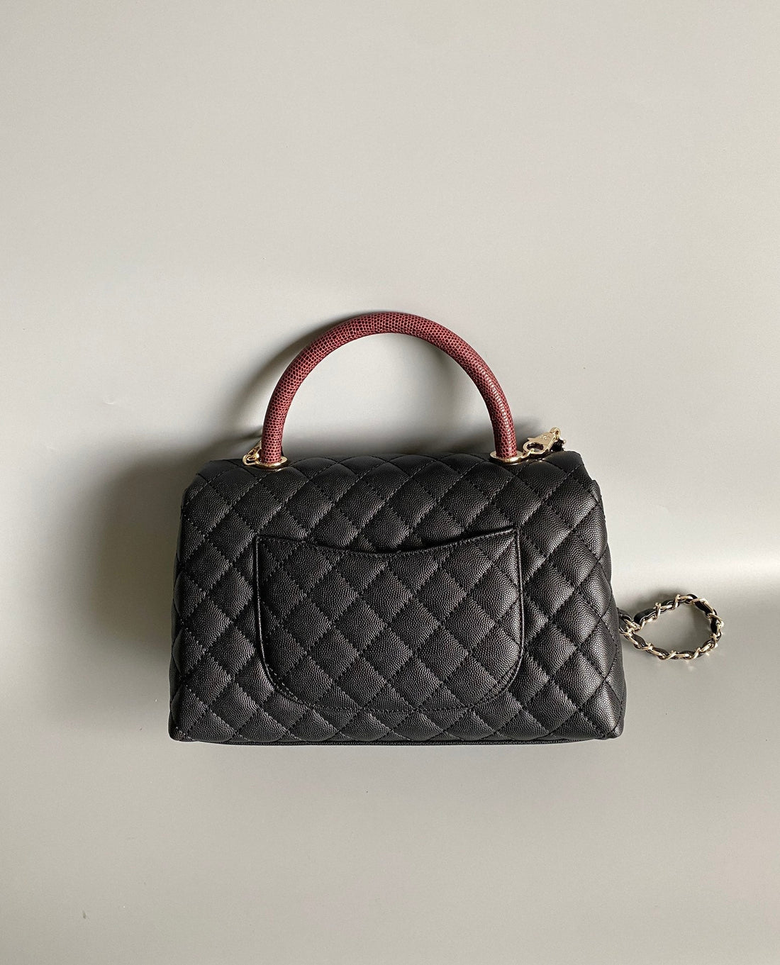 Coco Handle Medium Flap Bag 28CM Black Quilted Caviar Dark Red Top Handle