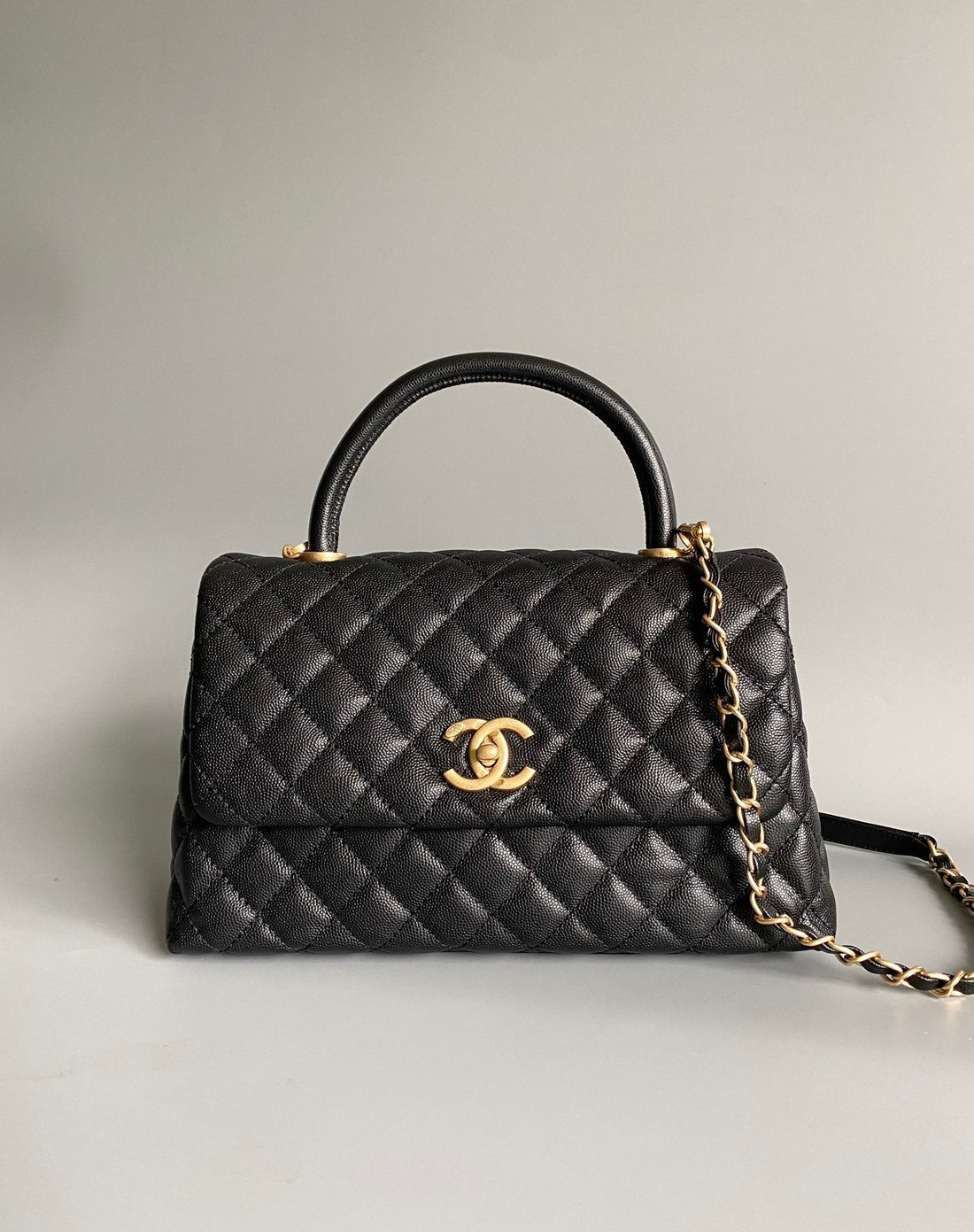 Coco Handle Large Flap Bag 28CM Black Quilted Caviar Gold Hardware