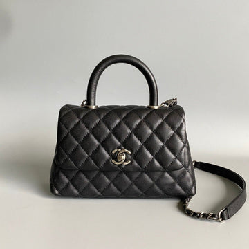 Coco Handle Flap Bag 23CM Black Quilted Caviar Black Top Handle