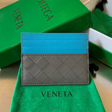 Bv Credit Card Case Gray Blue Intrecciato Leather