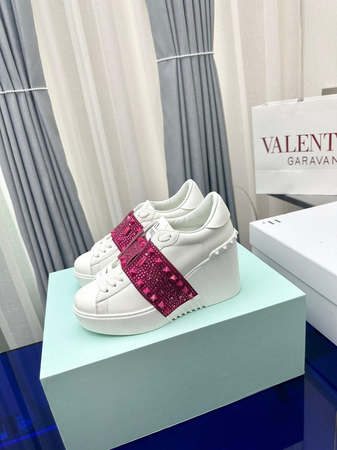 Flatform Rockstud Untitled Sneaker In White Mix Magenta Purple Calfskin With Rhinstones