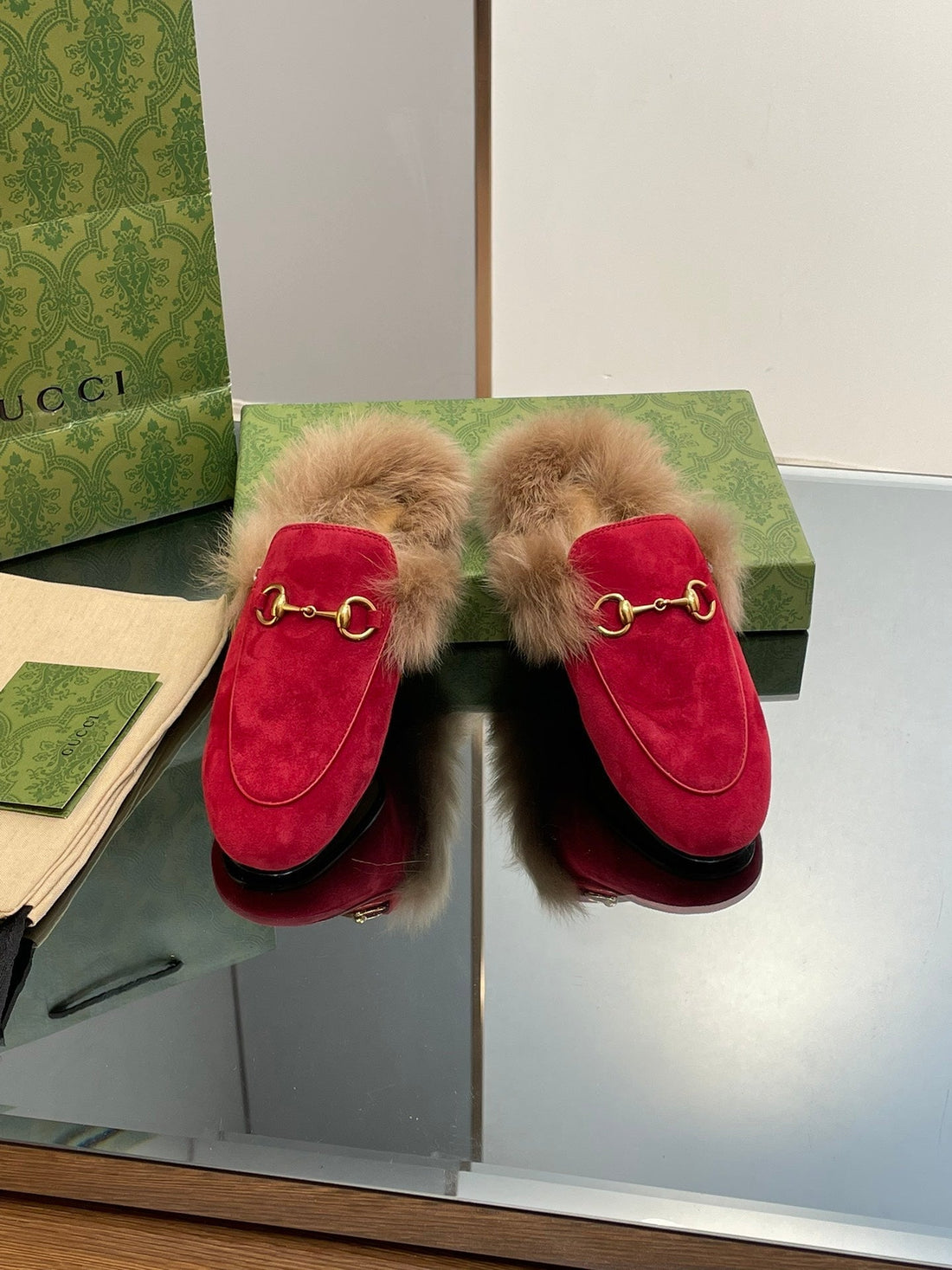 Horsebit Mule In Crimson Red Suede And Lamb Wool Lining