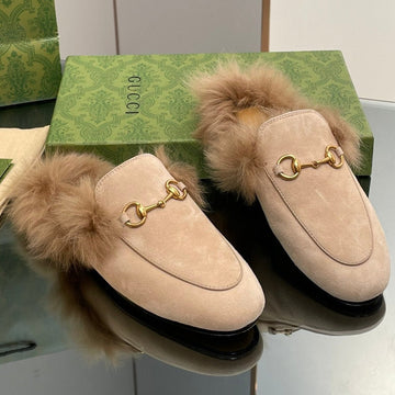 Horsebit Mule In Tan Brown Suede And Lamb Wool Lining