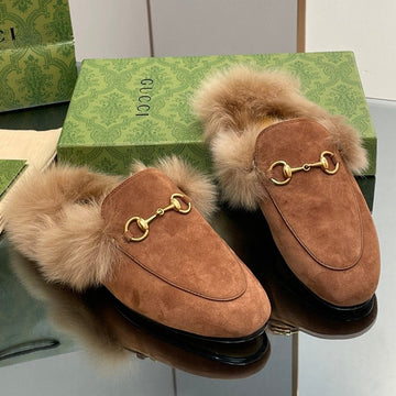 Horsebit Mule In Bronze Brown Suede And Lamb Wool Lining