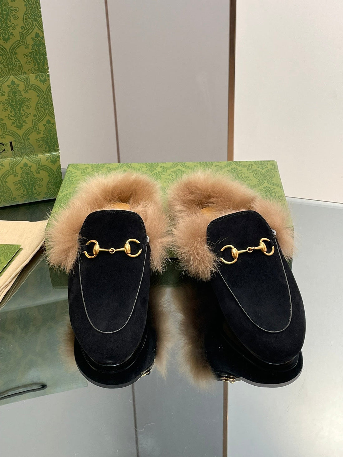Horsebit Mule In Black Suede And Lamb Wool Lining