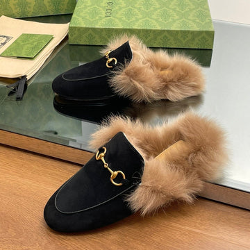 Horsebit Mule In Black Suede And Lamb Wool Lining