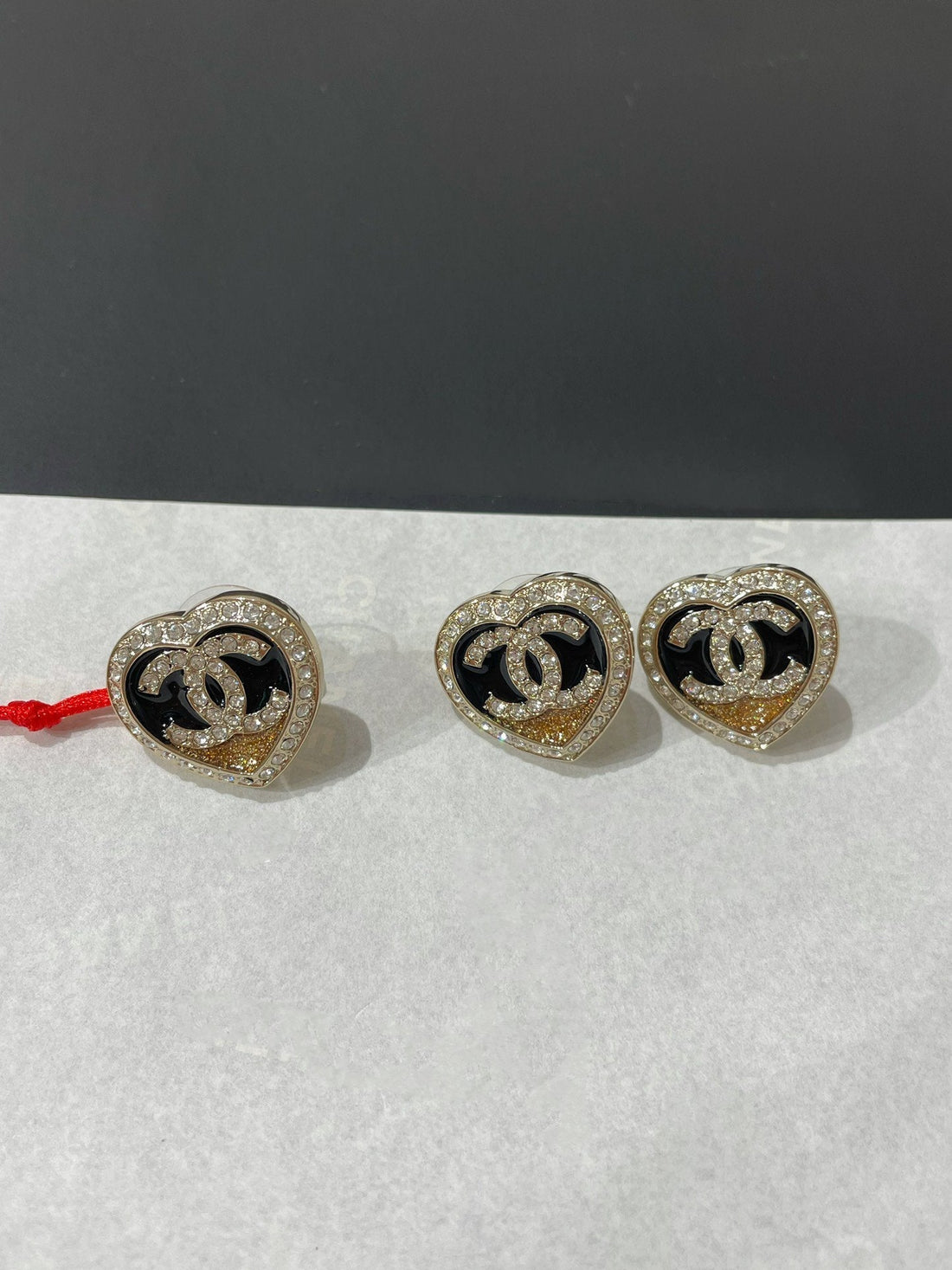 CC Diamond Paved Heart Black Enamel Stud Earrings