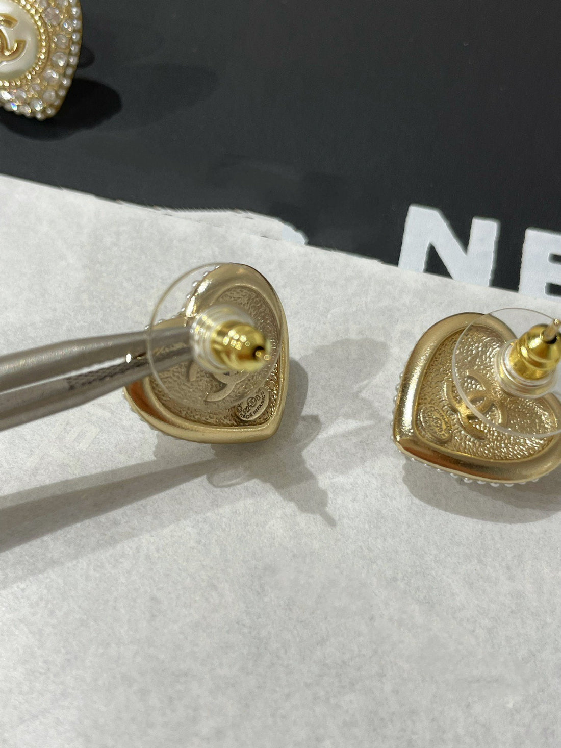 CC Heart Diamond Paved Mop Stud Earrings