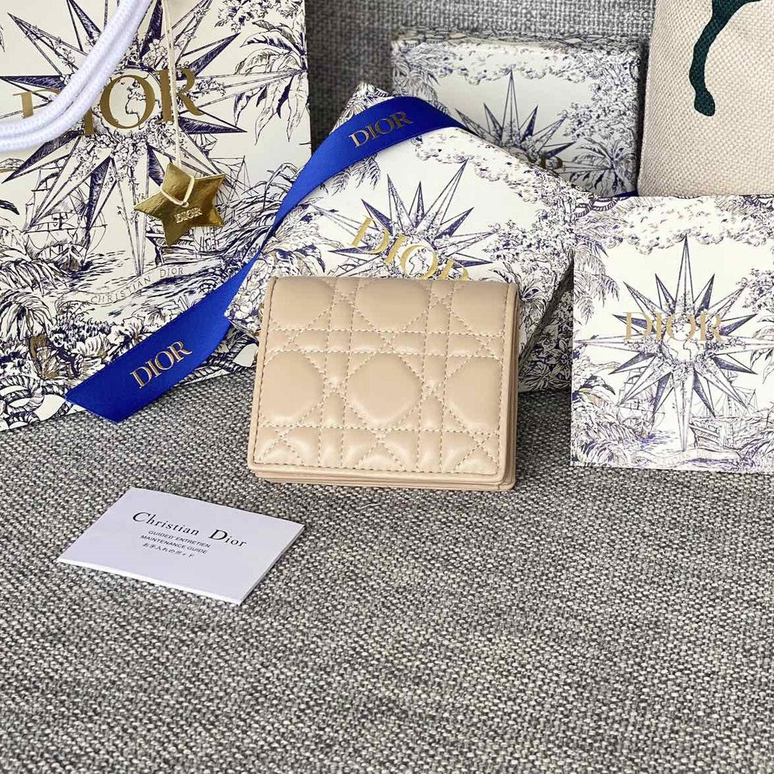 CD Caro 11CM Compact Wallet Beige Calfskin