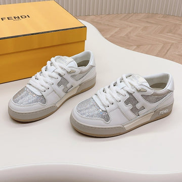 Fendi Casual Sneaker In White Calfskin Attach Rhinstones